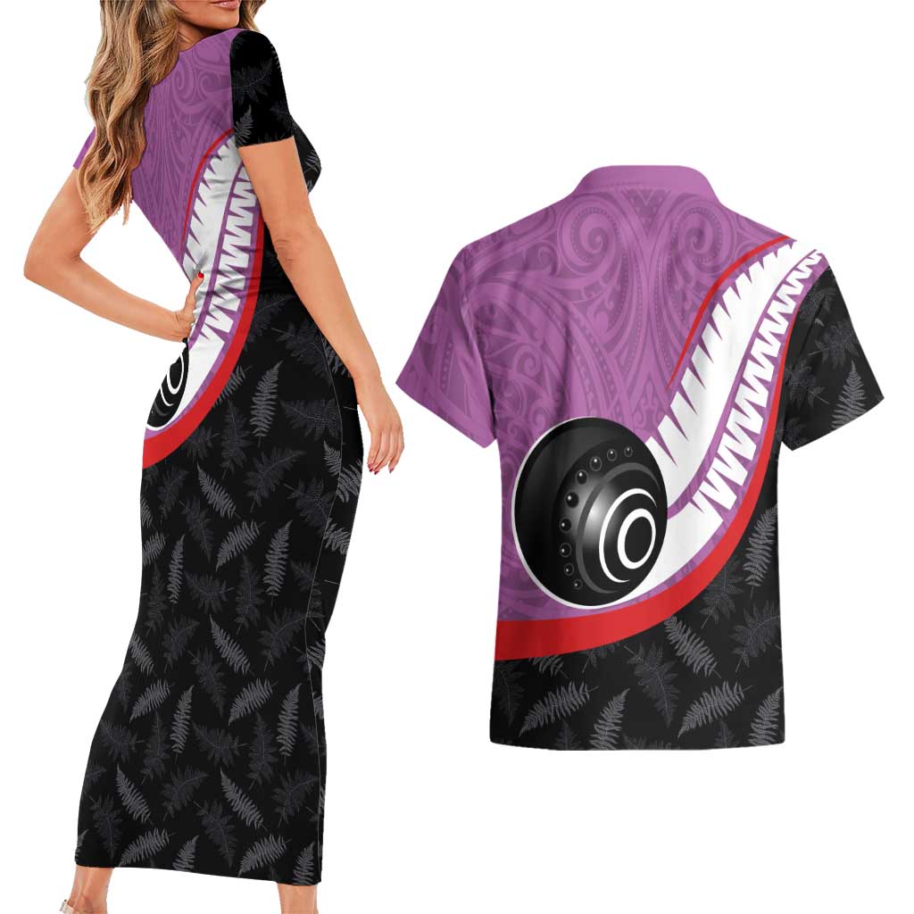Personalised Aotearoa Lawn Bowls Couples Matching Short Sleeve Bodycon Dress and Hawaiian Shirt Maori and Silver Fern Sporty Style Pink Color - Aussie Hoodie