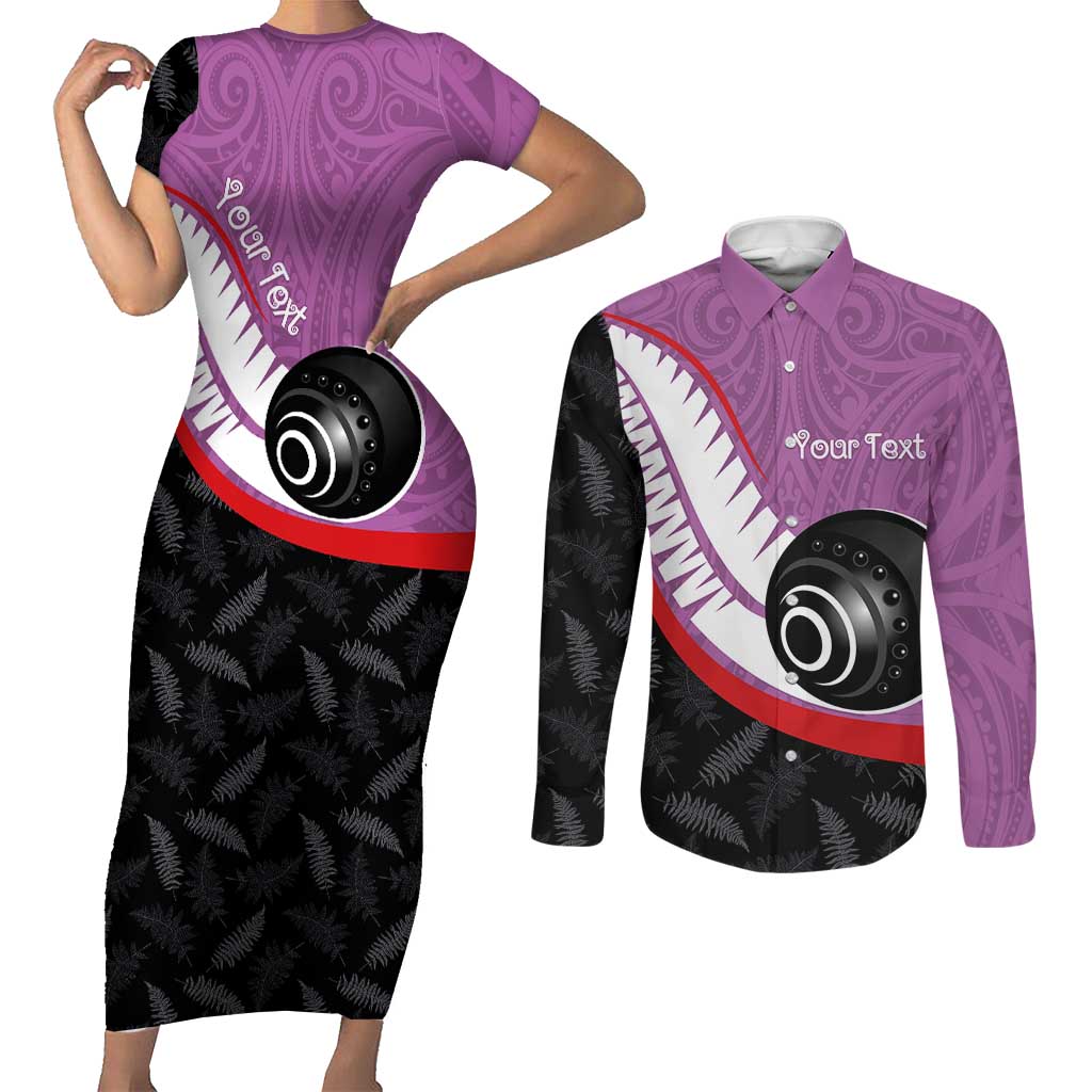 Personalised Aotearoa Lawn Bowls Couples Matching Short Sleeve Bodycon Dress and Long Sleeve Button Shirt Maori and Silver Fern Sporty Style Pink Color - Aussie Hoodie