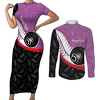Personalised Aotearoa Lawn Bowls Couples Matching Short Sleeve Bodycon Dress and Long Sleeve Button Shirt Maori and Silver Fern Sporty Style Pink Color - Aussie Hoodie