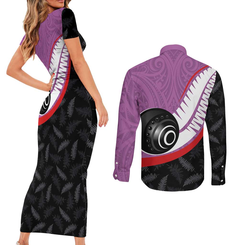 Personalised Aotearoa Lawn Bowls Couples Matching Short Sleeve Bodycon Dress and Long Sleeve Button Shirt Maori and Silver Fern Sporty Style Pink Color - Aussie Hoodie