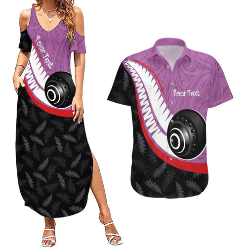 Personalised Aotearoa Lawn Bowls Couples Matching Summer Maxi Dress and Hawaiian Shirt Maori and Silver Fern Sporty Style Pink Color - Aussie Hoodie