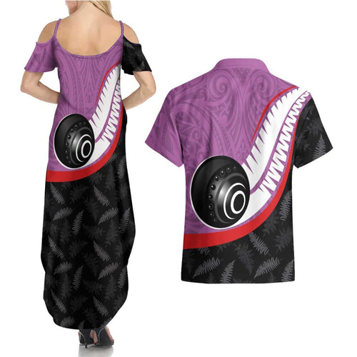 Personalised Aotearoa Lawn Bowls Couples Matching Summer Maxi Dress and Hawaiian Shirt Maori and Silver Fern Sporty Style Pink Color - Aussie Hoodie