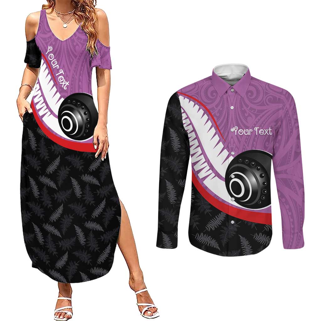 Personalised Aotearoa Lawn Bowls Couples Matching Summer Maxi Dress and Long Sleeve Button Shirt Maori and Silver Fern Sporty Style Pink Color - Aussie Hoodie