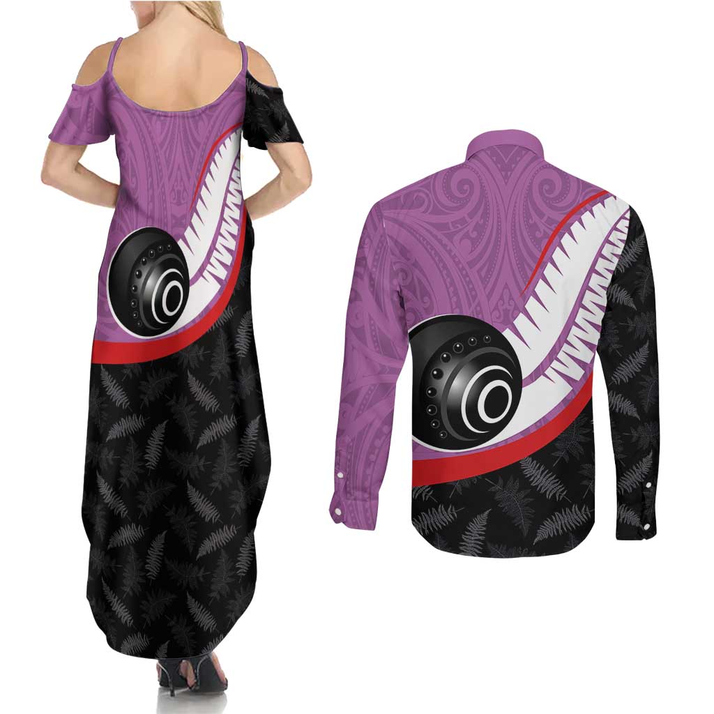 Personalised Aotearoa Lawn Bowls Couples Matching Summer Maxi Dress and Long Sleeve Button Shirt Maori and Silver Fern Sporty Style Pink Color - Aussie Hoodie