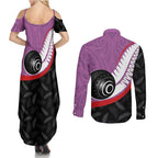 Personalised Aotearoa Lawn Bowls Couples Matching Summer Maxi Dress and Long Sleeve Button Shirt Maori and Silver Fern Sporty Style Pink Color - Aussie Hoodie