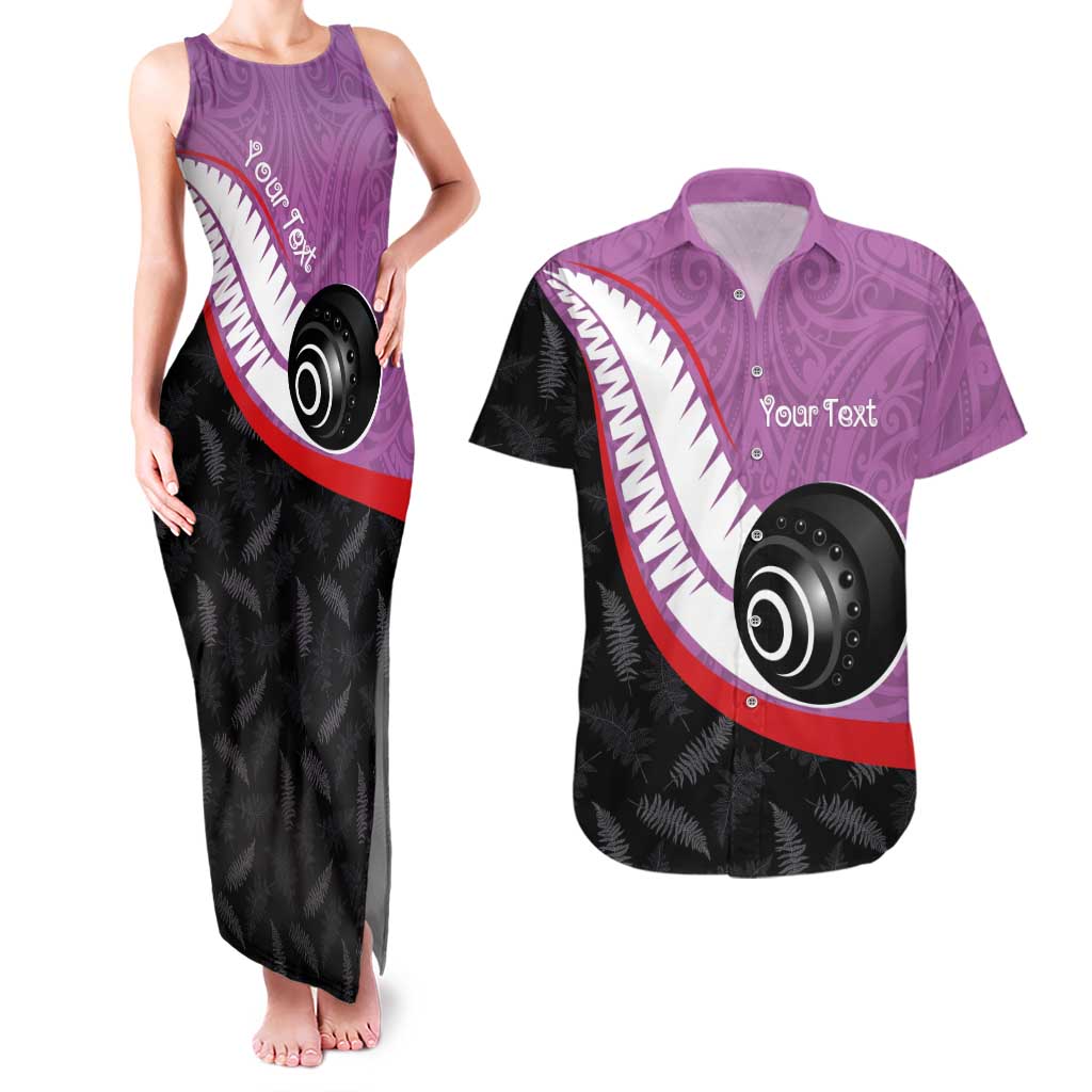 Personalised Aotearoa Lawn Bowls Couples Matching Tank Maxi Dress and Hawaiian Shirt Maori and Silver Fern Sporty Style Pink Color - Aussie Hoodie