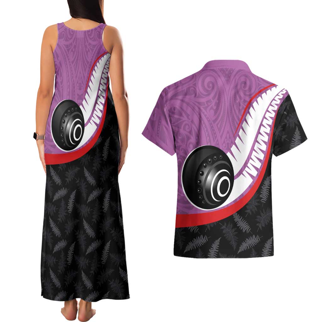 Personalised Aotearoa Lawn Bowls Couples Matching Tank Maxi Dress and Hawaiian Shirt Maori and Silver Fern Sporty Style Pink Color - Aussie Hoodie