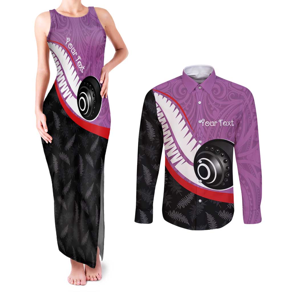 Personalised Aotearoa Lawn Bowls Couples Matching Tank Maxi Dress and Long Sleeve Button Shirt Maori and Silver Fern Sporty Style Pink Color - Aussie Hoodie