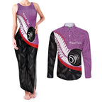 Personalised Aotearoa Lawn Bowls Couples Matching Tank Maxi Dress and Long Sleeve Button Shirt Maori and Silver Fern Sporty Style Pink Color - Aussie Hoodie