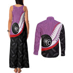 Personalised Aotearoa Lawn Bowls Couples Matching Tank Maxi Dress and Long Sleeve Button Shirt Maori and Silver Fern Sporty Style Pink Color - Aussie Hoodie