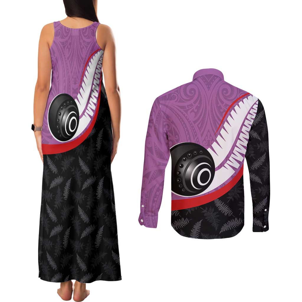Personalised Aotearoa Lawn Bowls Couples Matching Tank Maxi Dress and Long Sleeve Button Shirt Maori and Silver Fern Sporty Style Pink Color - Aussie Hoodie