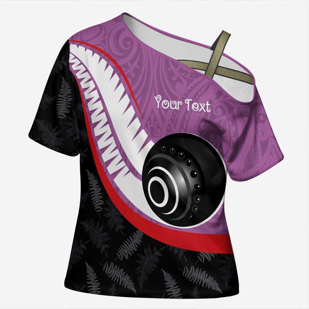 Personalised Aotearoa Lawn Bowls Cross Shoulder Shirt Maori and Silver Fern Sporty Style Pink Color - Aussie Hoodie