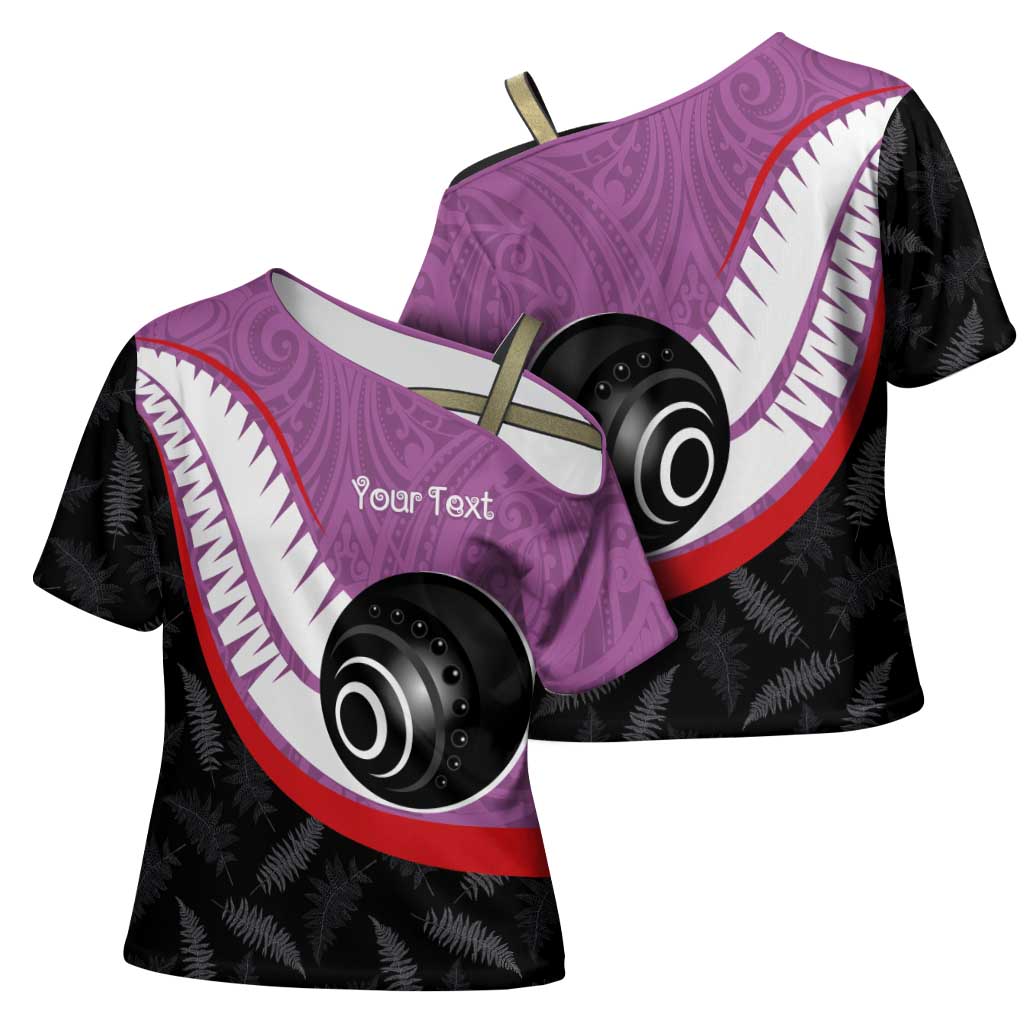 Personalised Aotearoa Lawn Bowls Cross Shoulder Shirt Maori and Silver Fern Sporty Style Pink Color - Aussie Hoodie