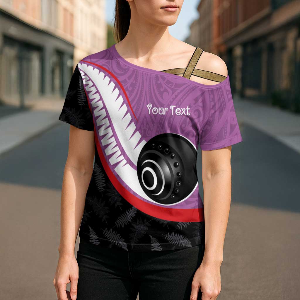 Personalised Aotearoa Lawn Bowls Cross Shoulder Shirt Maori and Silver Fern Sporty Style Pink Color - Aussie Hoodie