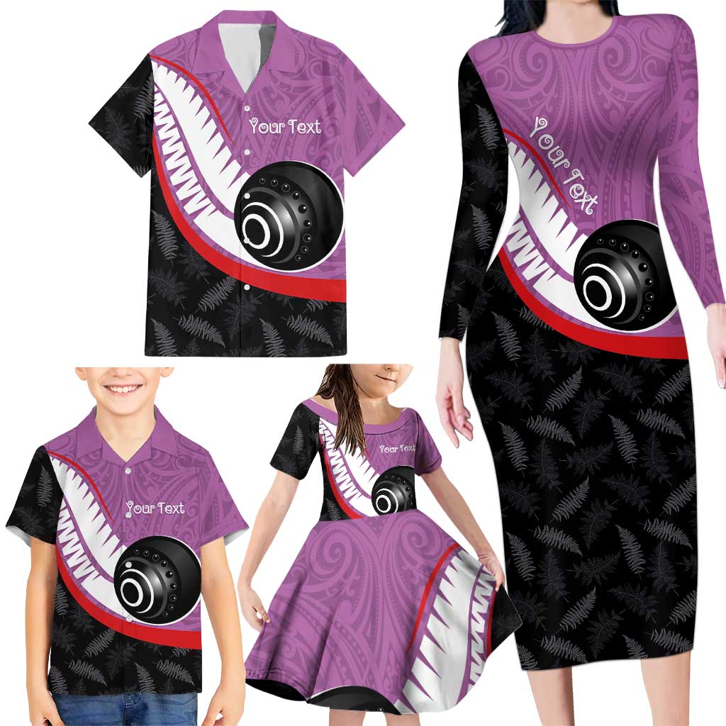 Personalised Aotearoa Lawn Bowls Family Matching Long Sleeve Bodycon Dress and Hawaiian Shirt Maori and Silver Fern Sporty Style Pink Color - Aussie Hoodie