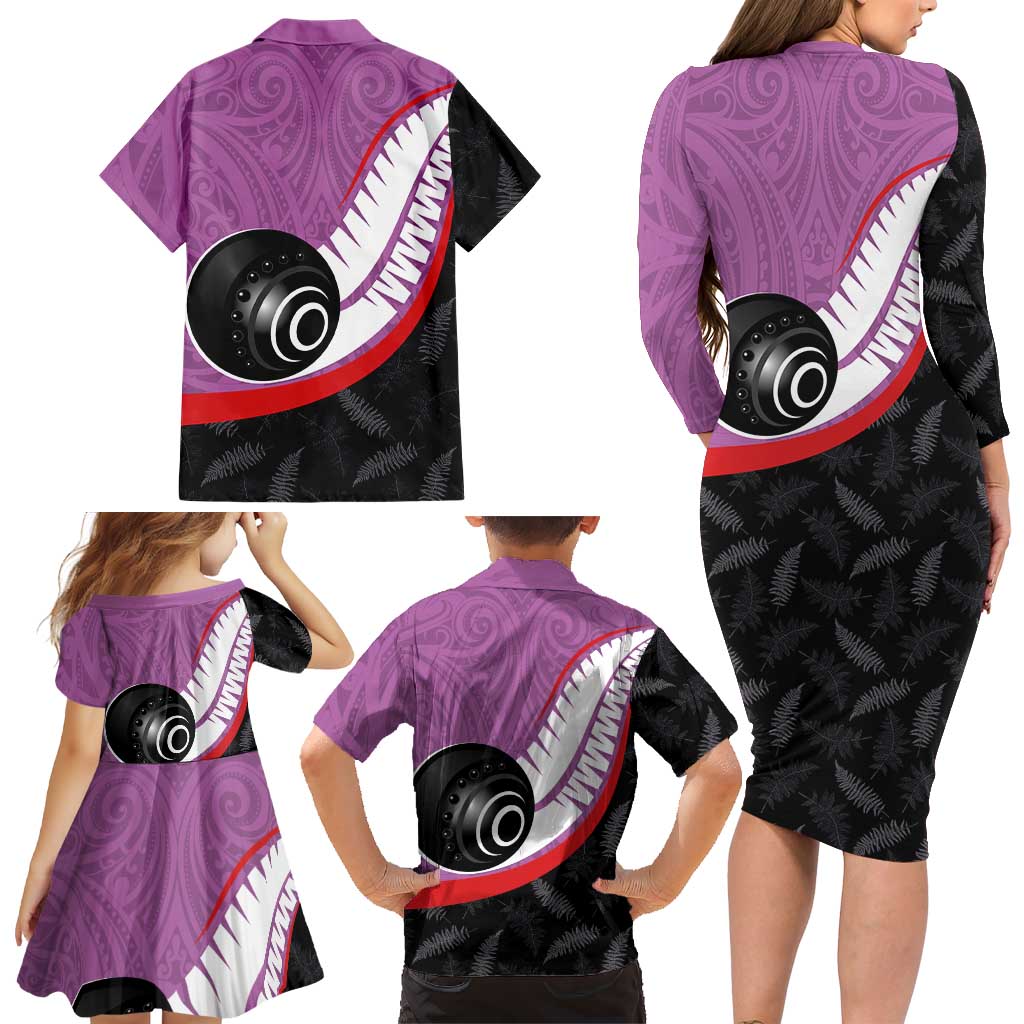 Personalised Aotearoa Lawn Bowls Family Matching Long Sleeve Bodycon Dress and Hawaiian Shirt Maori and Silver Fern Sporty Style Pink Color - Aussie Hoodie
