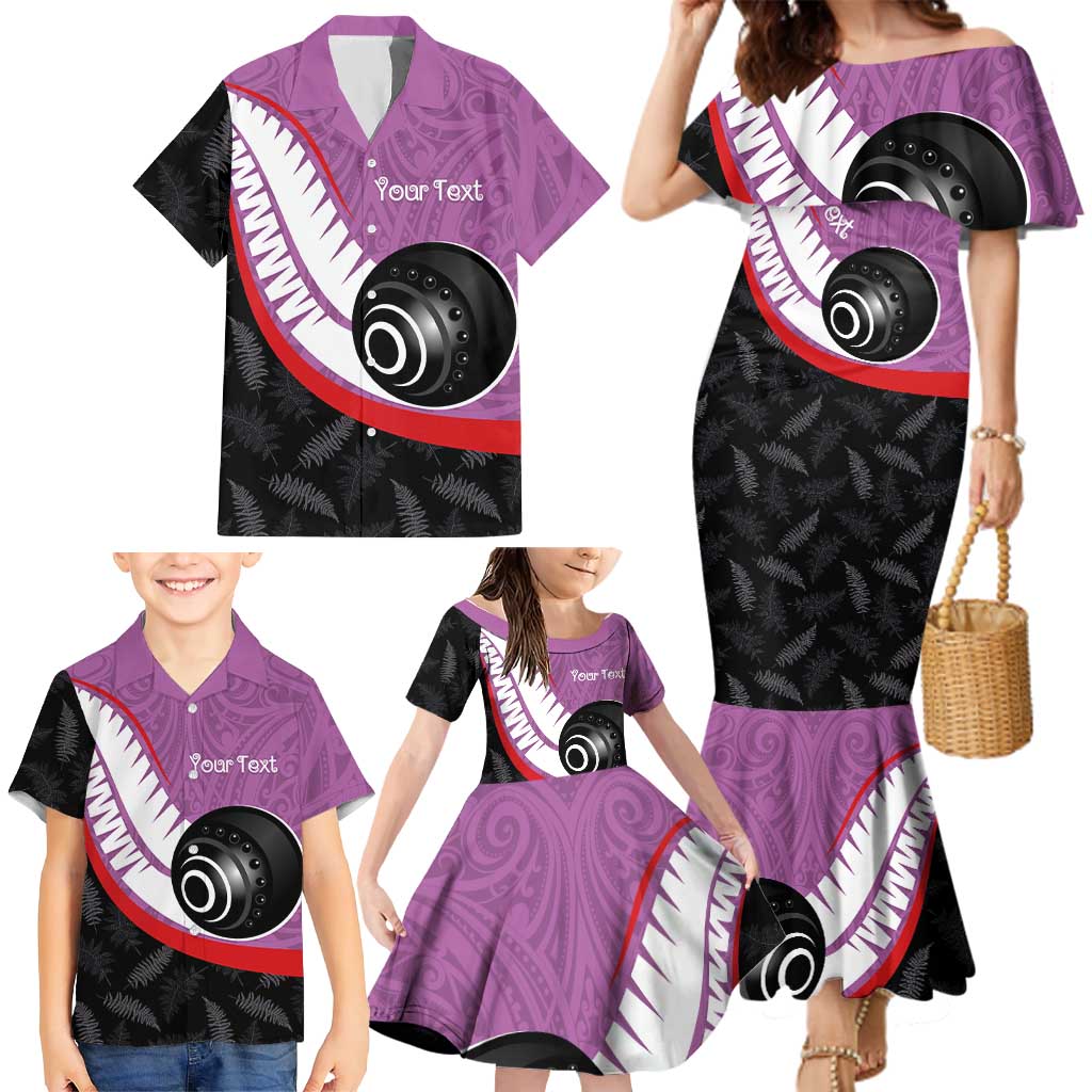 Personalised Aotearoa Lawn Bowls Family Matching Mermaid Dress and Hawaiian Shirt Maori and Silver Fern Sporty Style Pink Color - Aussie Hoodie