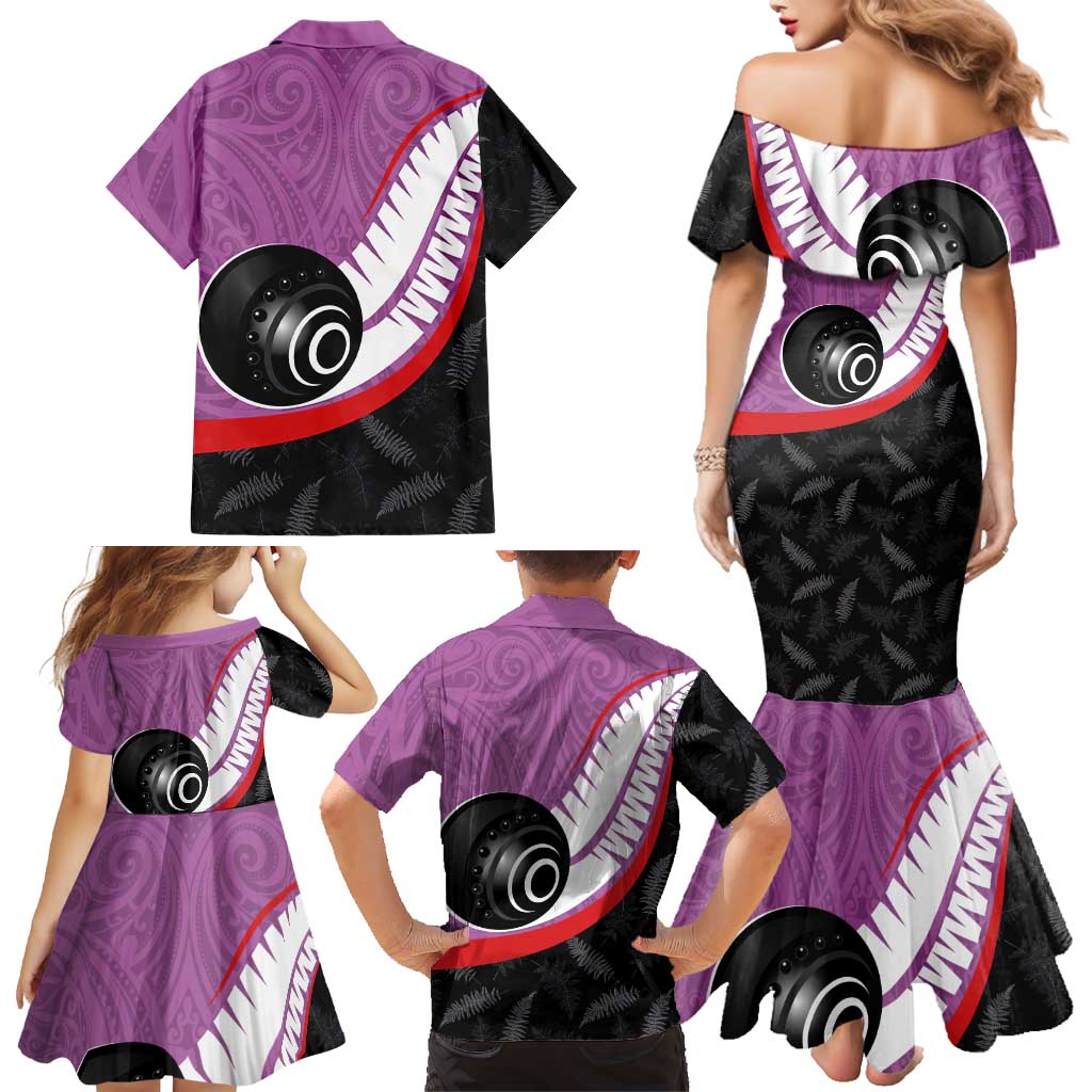 Personalised Aotearoa Lawn Bowls Family Matching Mermaid Dress and Hawaiian Shirt Maori and Silver Fern Sporty Style Pink Color - Aussie Hoodie