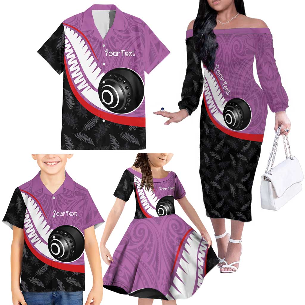 Personalised Aotearoa Lawn Bowls Family Matching Off The Shoulder Long Sleeve Dress and Hawaiian Shirt Maori and Silver Fern Sporty Style Pink Color - Aussie Hoodie