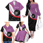 Personalised Aotearoa Lawn Bowls Family Matching Off The Shoulder Long Sleeve Dress and Hawaiian Shirt Maori and Silver Fern Sporty Style Pink Color - Aussie Hoodie