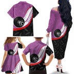 Personalised Aotearoa Lawn Bowls Family Matching Off The Shoulder Long Sleeve Dress and Hawaiian Shirt Maori and Silver Fern Sporty Style Pink Color - Aussie Hoodie