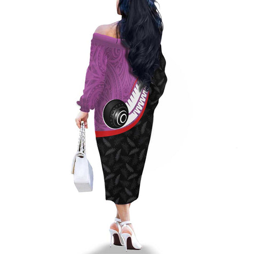 Personalised Aotearoa Lawn Bowls Family Matching Off The Shoulder Long Sleeve Dress and Hawaiian Shirt Maori and Silver Fern Sporty Style Pink Color - Aussie Hoodie