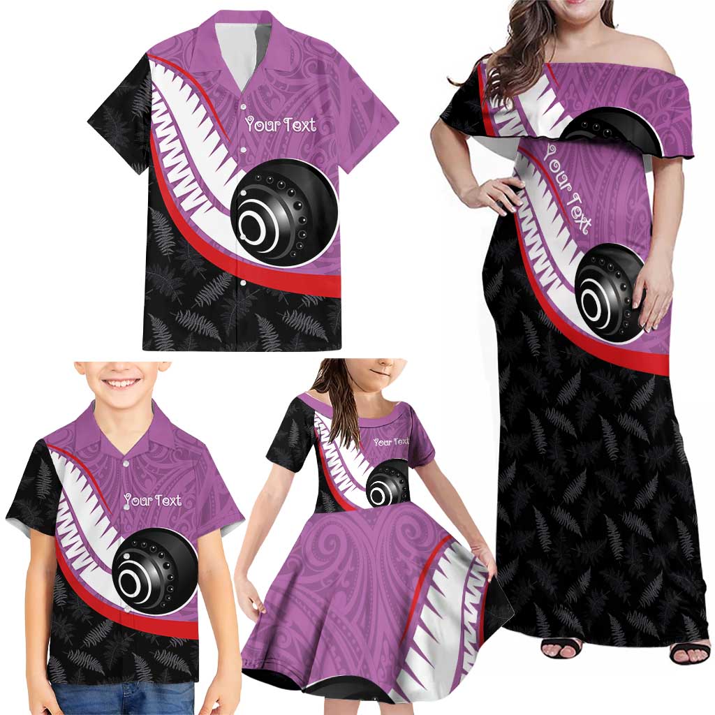 Personalised Aotearoa Lawn Bowls Family Matching Off Shoulder Maxi Dress and Hawaiian Shirt Maori and Silver Fern Sporty Style Pink Color - Aussie Hoodie