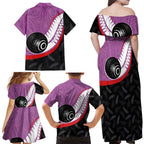 Personalised Aotearoa Lawn Bowls Family Matching Off Shoulder Maxi Dress and Hawaiian Shirt Maori and Silver Fern Sporty Style Pink Color - Aussie Hoodie