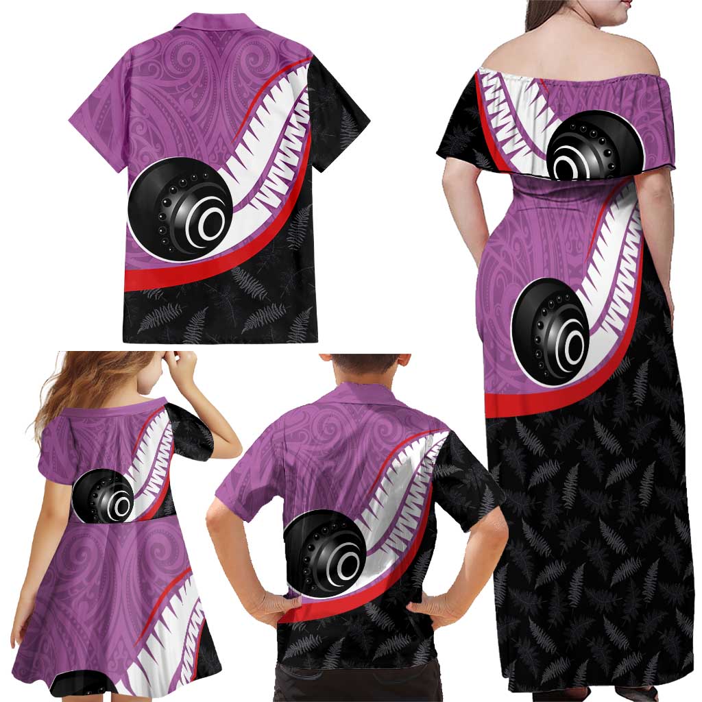 Personalised Aotearoa Lawn Bowls Family Matching Off Shoulder Maxi Dress and Hawaiian Shirt Maori and Silver Fern Sporty Style Pink Color - Aussie Hoodie