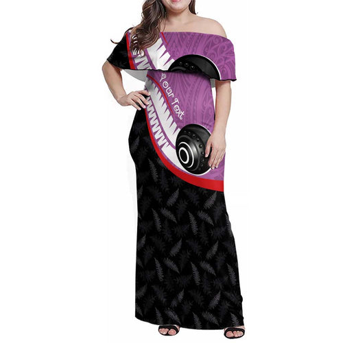 Personalised Aotearoa Lawn Bowls Family Matching Off Shoulder Maxi Dress and Hawaiian Shirt Maori and Silver Fern Sporty Style Pink Color - Aussie Hoodie