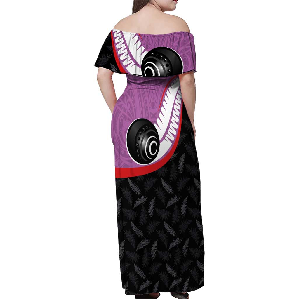 Personalised Aotearoa Lawn Bowls Family Matching Off Shoulder Maxi Dress and Hawaiian Shirt Maori and Silver Fern Sporty Style Pink Color - Aussie Hoodie