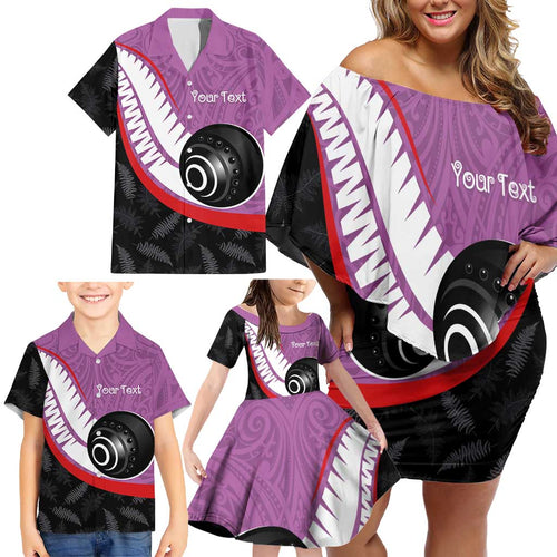 Personalised Aotearoa Lawn Bowls Family Matching Off Shoulder Short Dress and Hawaiian Shirt Maori and Silver Fern Sporty Style Pink Color - Aussie Hoodie