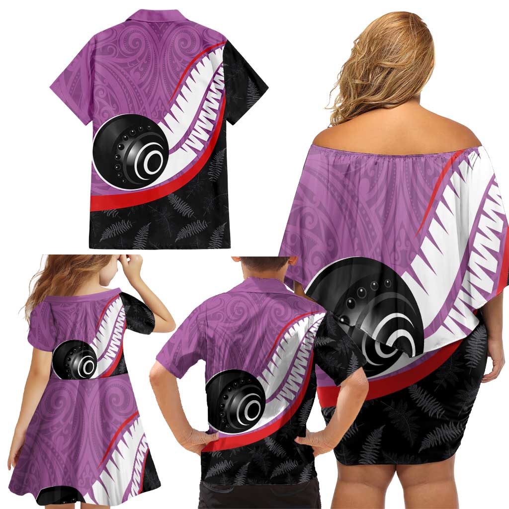 Personalised Aotearoa Lawn Bowls Family Matching Off Shoulder Short Dress and Hawaiian Shirt Maori and Silver Fern Sporty Style Pink Color - Aussie Hoodie
