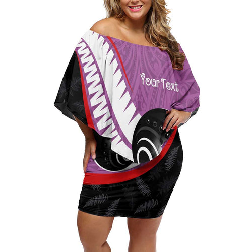 Personalised Aotearoa Lawn Bowls Family Matching Off Shoulder Short Dress and Hawaiian Shirt Maori and Silver Fern Sporty Style Pink Color - Aussie Hoodie