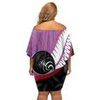 Personalised Aotearoa Lawn Bowls Family Matching Off Shoulder Short Dress and Hawaiian Shirt Maori and Silver Fern Sporty Style Pink Color - Aussie Hoodie