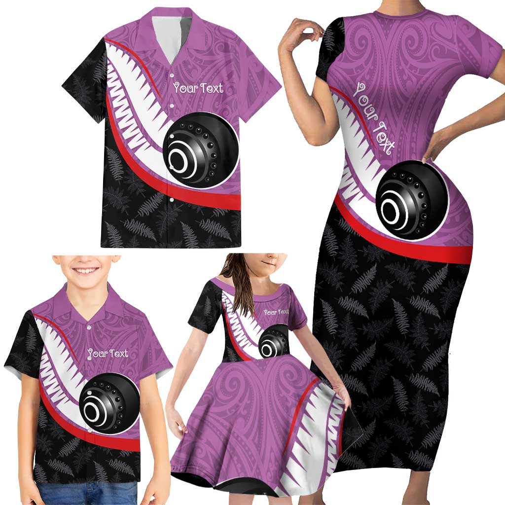 Personalised Aotearoa Lawn Bowls Family Matching Short Sleeve Bodycon Dress and Hawaiian Shirt Maori and Silver Fern Sporty Style Pink Color - Aussie Hoodie