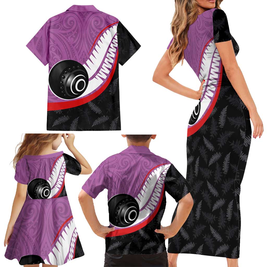 Personalised Aotearoa Lawn Bowls Family Matching Short Sleeve Bodycon Dress and Hawaiian Shirt Maori and Silver Fern Sporty Style Pink Color - Aussie Hoodie
