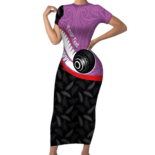 Personalised Aotearoa Lawn Bowls Family Matching Short Sleeve Bodycon Dress and Hawaiian Shirt Maori and Silver Fern Sporty Style Pink Color - Aussie Hoodie
