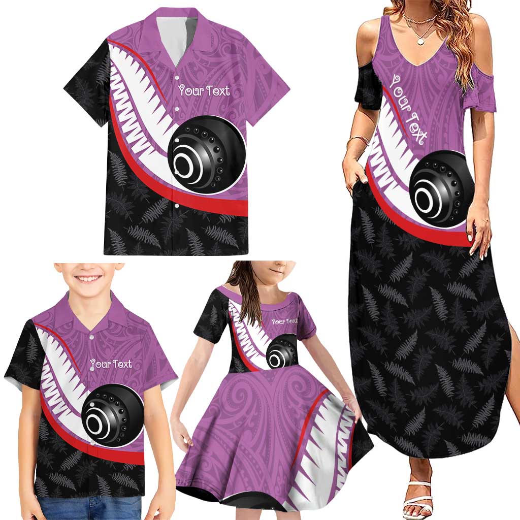 Personalised Aotearoa Lawn Bowls Family Matching Summer Maxi Dress and Hawaiian Shirt Maori and Silver Fern Sporty Style Pink Color - Aussie Hoodie