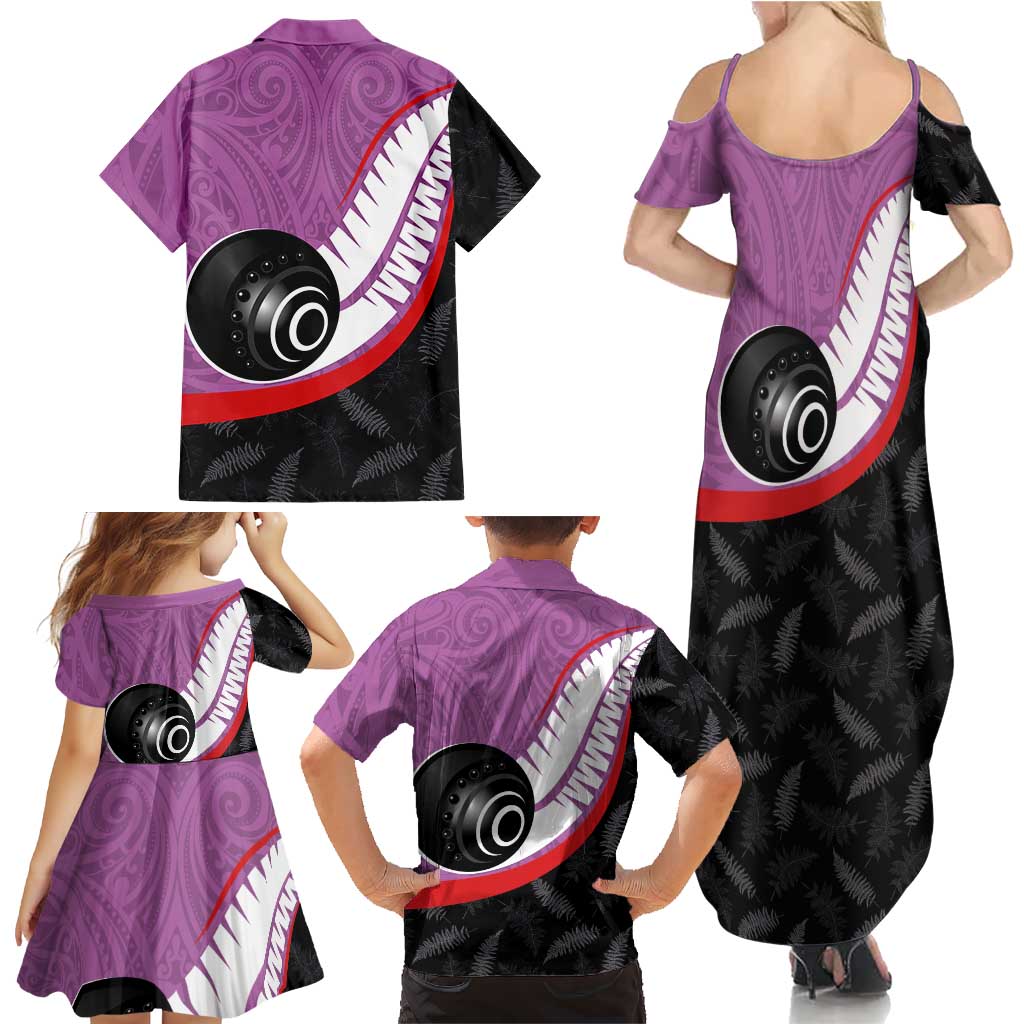 Personalised Aotearoa Lawn Bowls Family Matching Summer Maxi Dress and Hawaiian Shirt Maori and Silver Fern Sporty Style Pink Color - Aussie Hoodie