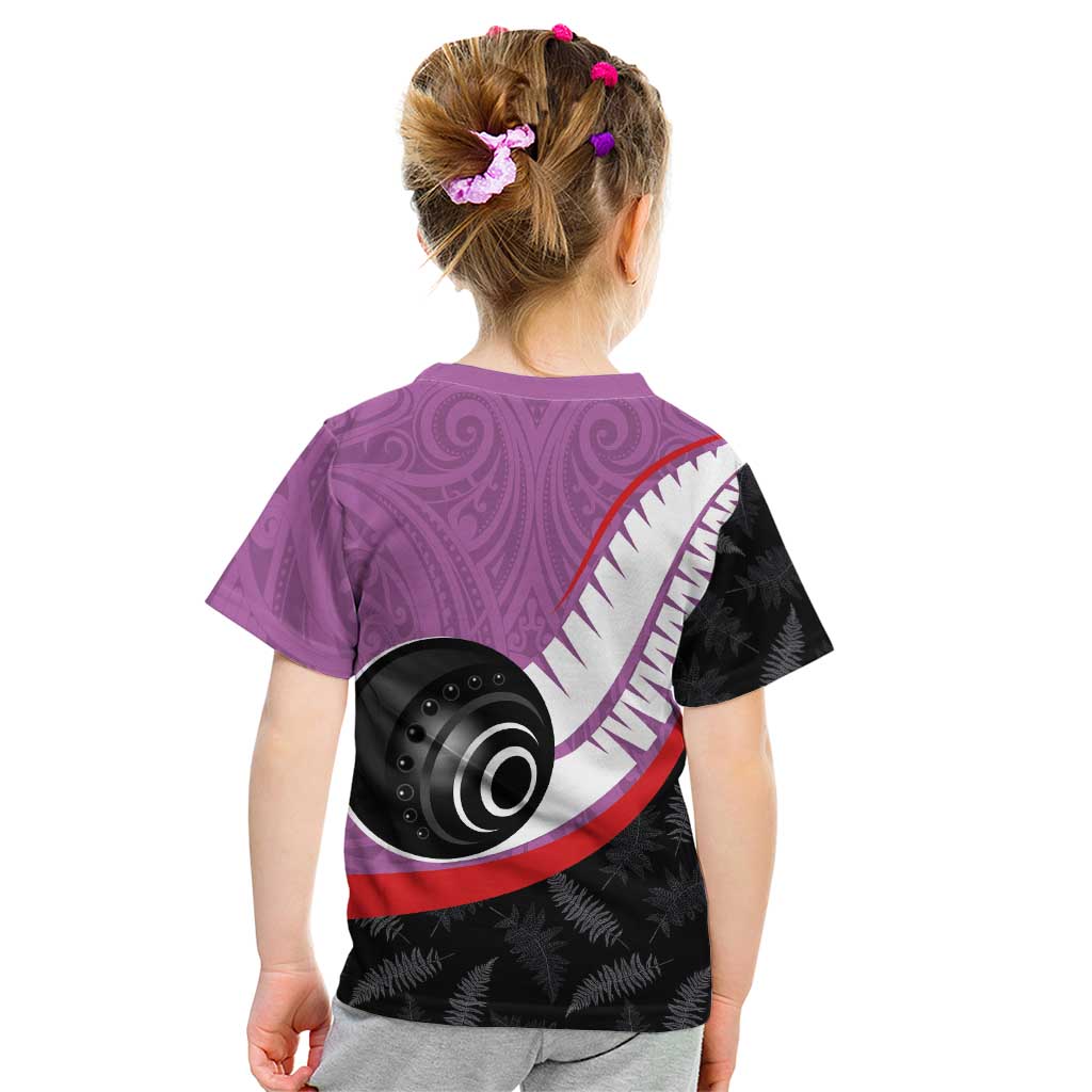 Personalised Aotearoa Lawn Bowls Kid T Shirt Maori and Silver Fern Sporty Style Pink Color - Aussie Hoodie