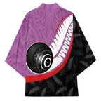 Personalised Aotearoa Lawn Bowls Kimono Maori and Silver Fern Sporty Style Pink Color - Aussie Hoodie