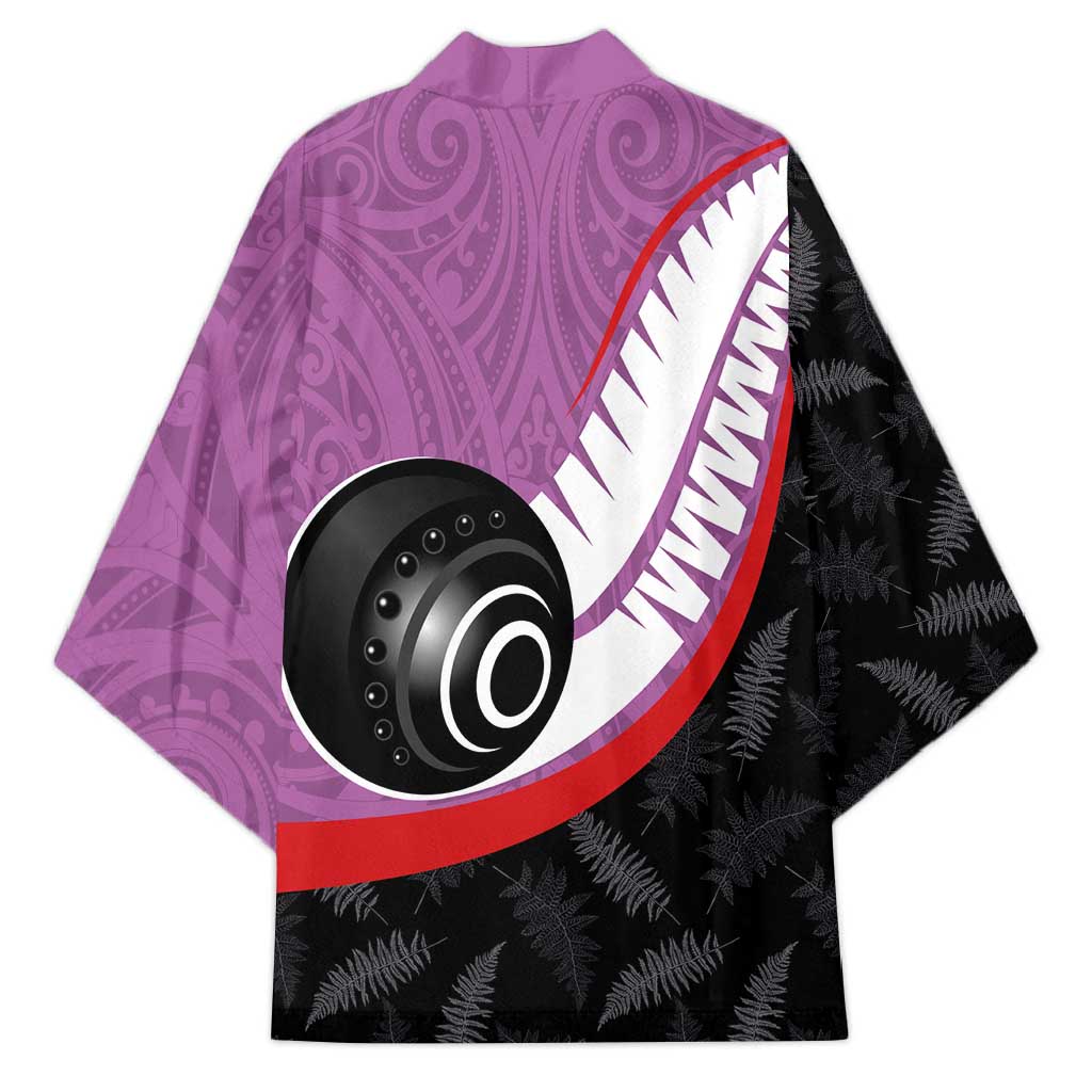 Personalised Aotearoa Lawn Bowls Kimono Maori and Silver Fern Sporty Style Pink Color - Aussie Hoodie