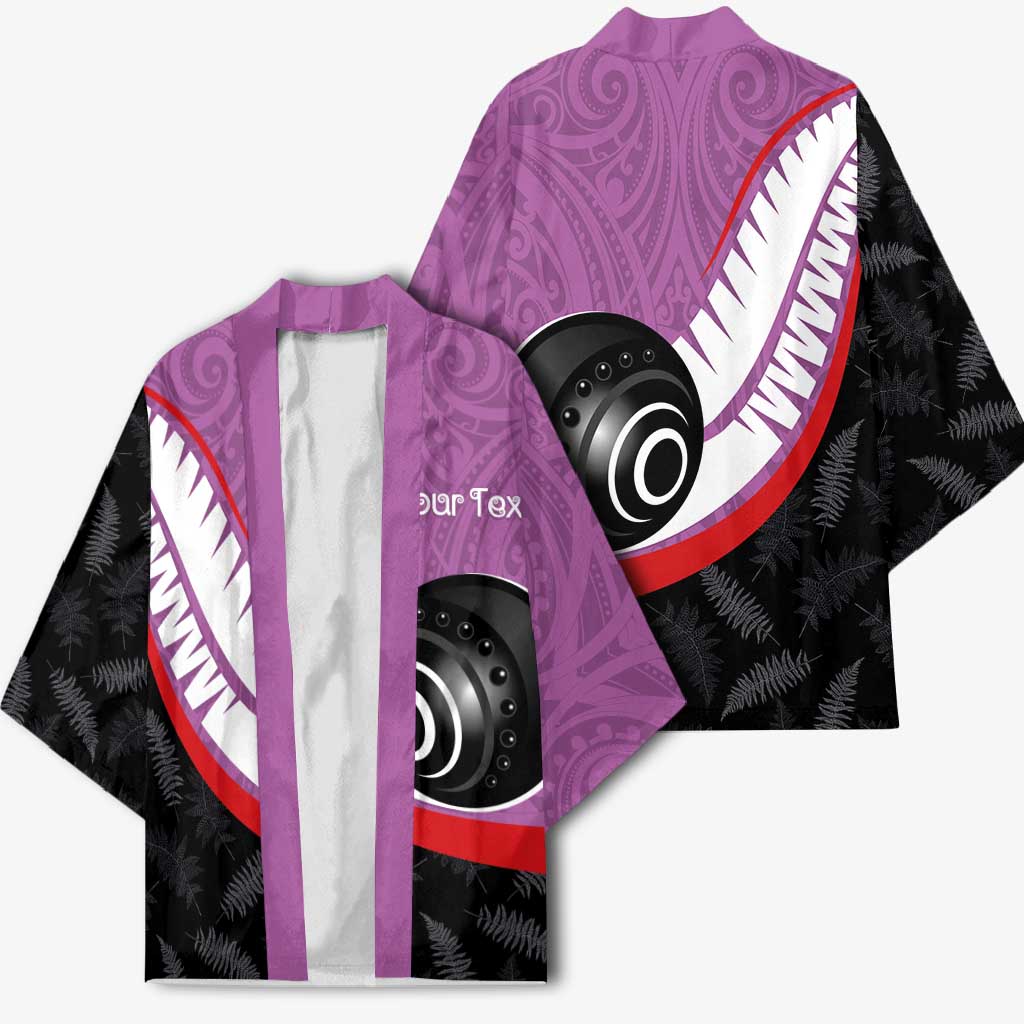 Personalised Aotearoa Lawn Bowls Kimono Maori and Silver Fern Sporty Style Pink Color - Aussie Hoodie