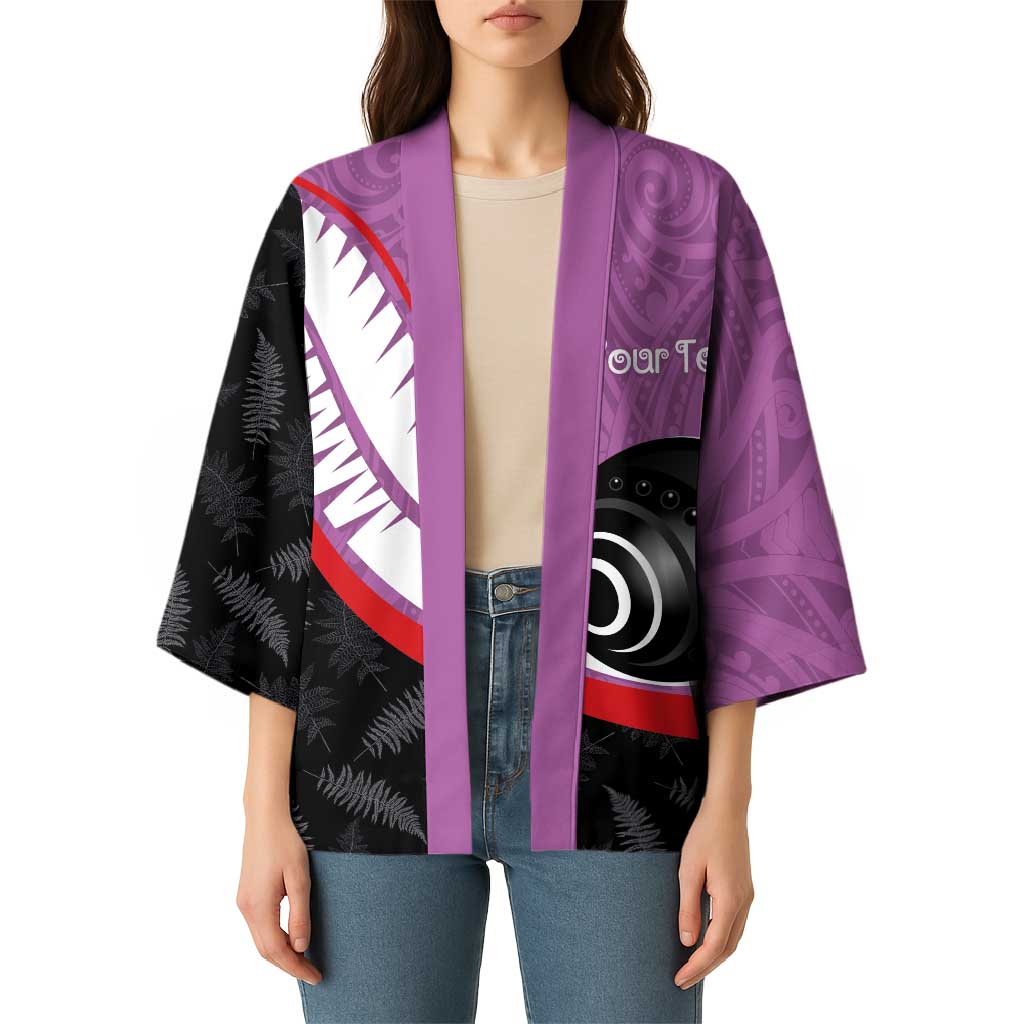 Personalised Aotearoa Lawn Bowls Kimono Maori and Silver Fern Sporty Style Pink Color - Aussie Hoodie