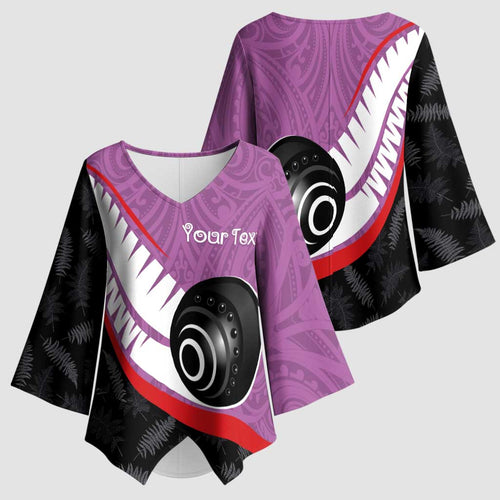 Personalised Aotearoa Lawn Bowls Kimono Sleeve Blouse Maori and Silver Fern Sporty Style Pink Color - Aussie Hoodie