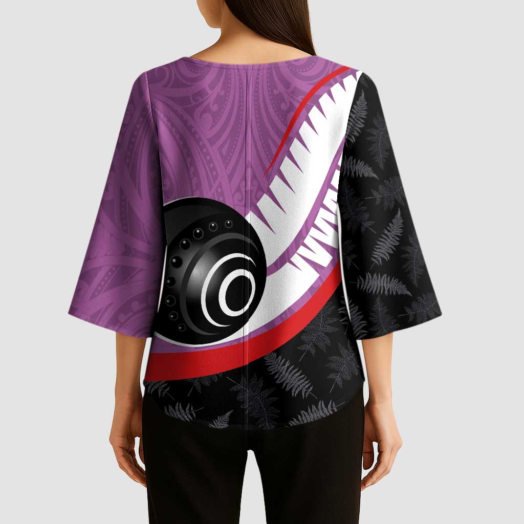 Personalised Aotearoa Lawn Bowls Kimono Sleeve Blouse Maori and Silver Fern Sporty Style Pink Color - Aussie Hoodie