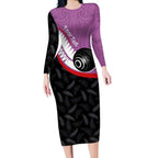 Personalised Aotearoa Lawn Bowls Long Sleeve Bodycon Dress Maori and Silver Fern Sporty Style Pink Color - Aussie Hoodie