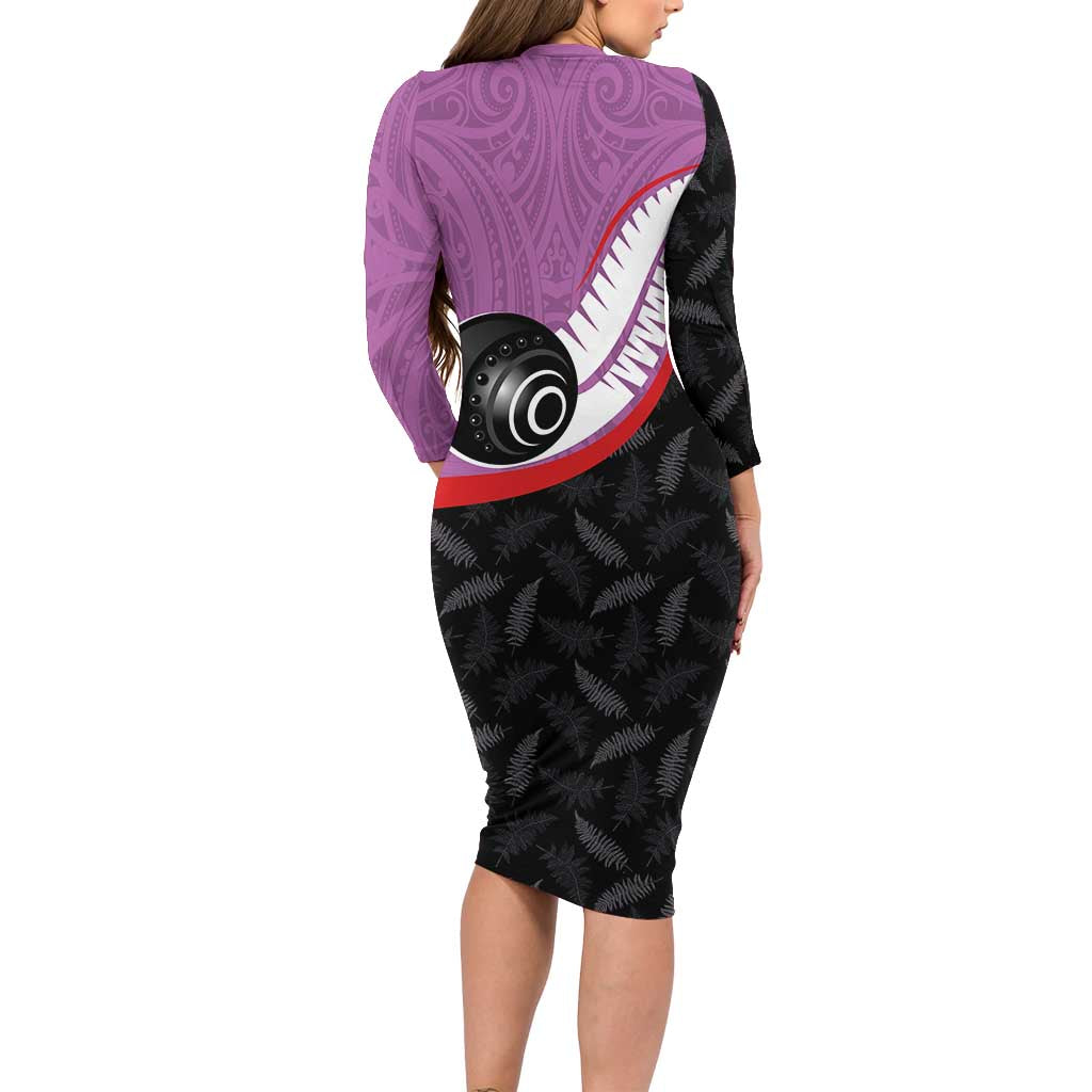 Personalised Aotearoa Lawn Bowls Long Sleeve Bodycon Dress Maori and Silver Fern Sporty Style Pink Color - Aussie Hoodie