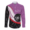 Personalised Aotearoa Lawn Bowls Long Sleeve Button Shirt Maori and Silver Fern Sporty Style Pink Color - Aussie Hoodie